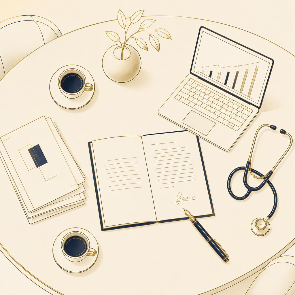 Illustrated overhead view of a commercial healthcare negotiation table